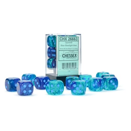 Time2Play 16 mm D6 Cube Gemini Luminary Blue & Blue Dice with Light Blue Pips, 12PK TI3295338